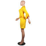 Yellow Bell Sleeve Peplum Dress