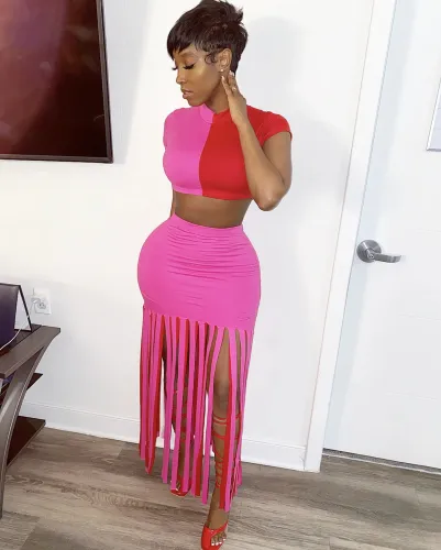 Two Tone Short Sleeve Crop Top & Long Tassel Skirt