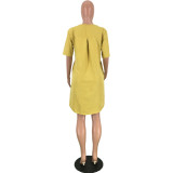 Plain Yellow Loose Casual Dress with Pockets