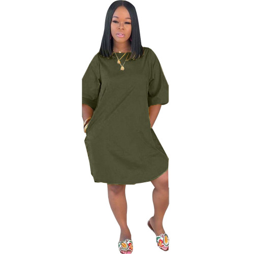 Army Green Loose Casual Dress with Pockets