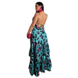 Floral Print Deep V Straps Ruffle Maxi Dress