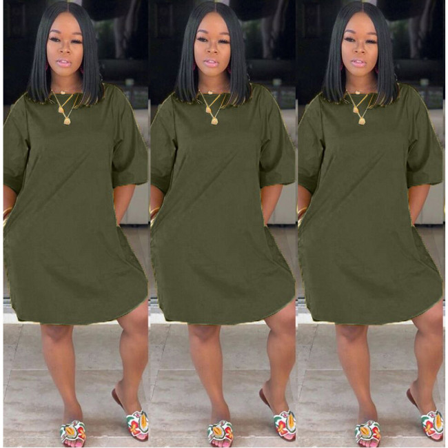 Army Green Loose Casual Dress with Pockets