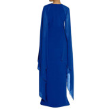 Solid Blue Cape Sleeve Slit Maxi Dress