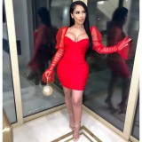 Sexy Red Bodycon Club Dress with Mesh Sleeve