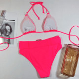 Hot Pink Belted High Waist Swimwear