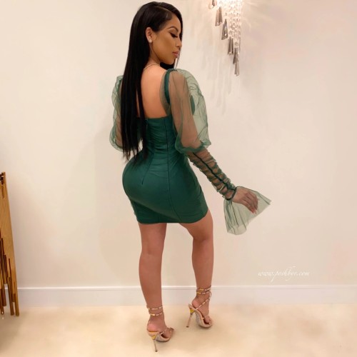 Sexy Green Bodycon Club Dress with Mesh Sleeve