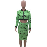 Splash-Ink Green Cropped Jacket & Skirts Sets
