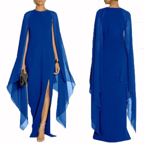 Solid Blue Cape Sleeve Slit Maxi Dress