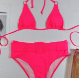 Hot Pink Belted High Waist Swimwear
