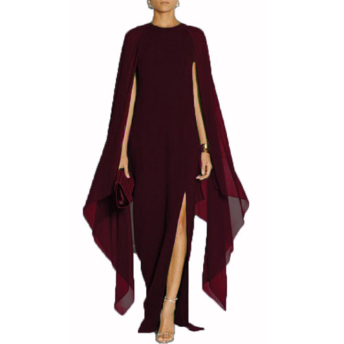 Solid Burgundy Cape Sleeve Slit Maxi Dress