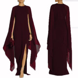 Solid Burgundy Cape Sleeve Slit Maxi Dress