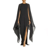Solid Black Cape Sleeve Slit Maxi Dress