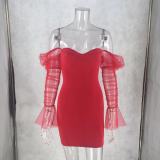 Sexy Red Bodycon Club Dress with Mesh Sleeve