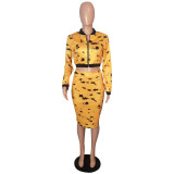 Splash-Ink Yellow Cropped Jacket & Skirts Sets