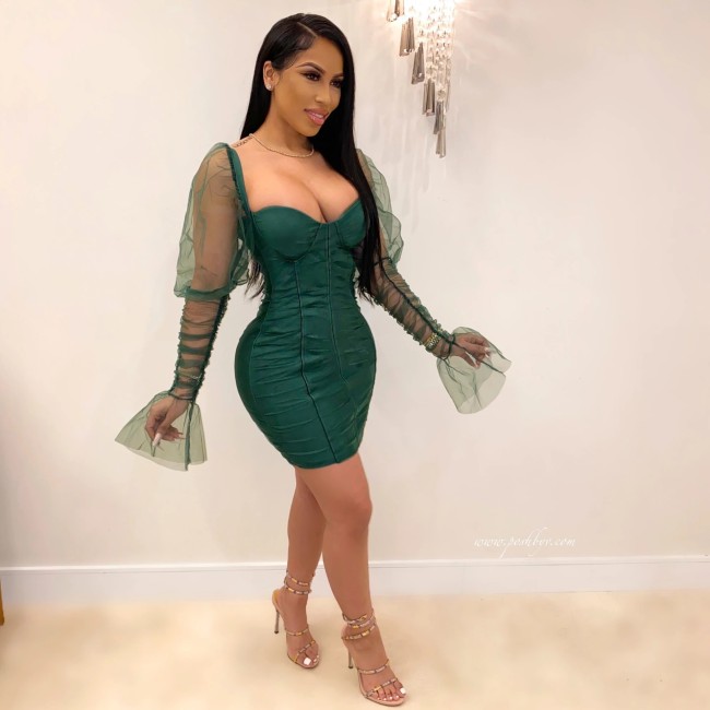 Sexy Green Bodycon Club Dress with Mesh Sleeve