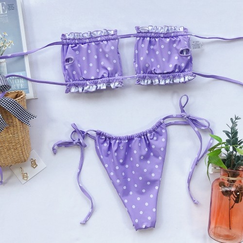 Dot Purple Shirred Tie Sides Strapless Thong Bikini Set