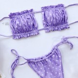Dot Purple Shirred Tie Sides Strapless Thong Bikini Set