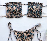 Leopard Shirred Tie Sides Strapless Thong Bikini Set