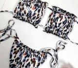 Print Shirred Tie Sides Strapless Thong Bikini Set