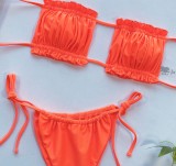 Orange Shirring Tie Sides Strapless Thong Bikini Set
