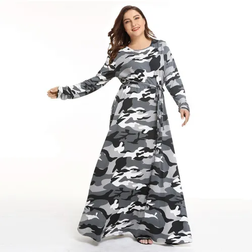 Plus Size Grey Camo Waist Tie Maxi Dress