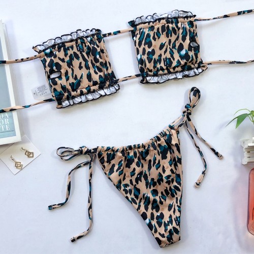 Leopard Shirred Tie Sides Strapless Thong Bikini Set