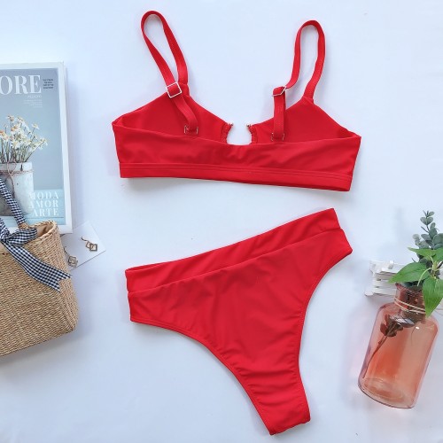Red U-Ring High Waist Bikini Set