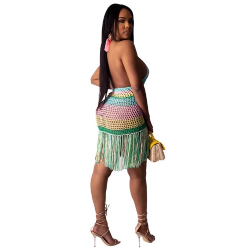 Colorful Hollow Out Crochet Fringe Beach Dress