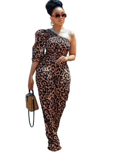 One Shoulder Leopard Print Jumpsuit