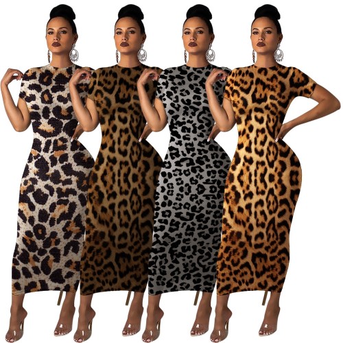 Leopard Print Short Sleeve Slinky Midi Dress