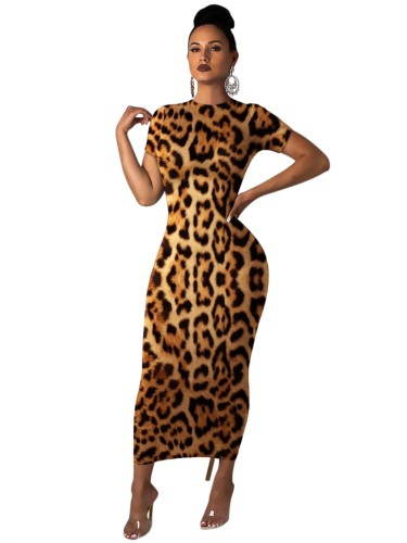 Leopard Print Short Sleeve Bodycon Midi Dress