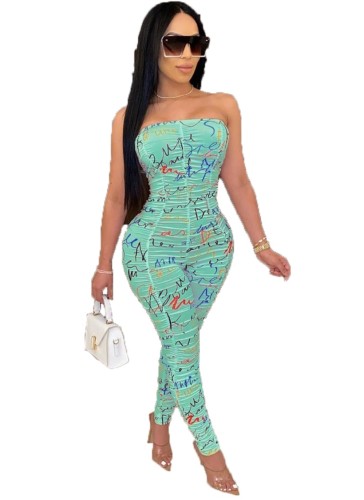 Scrawl Print Green Ruched Strapless Sexy Jumpsuit