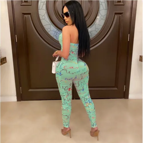 Scrawl Print Green Ruched Strapless Sexy Jumpsuit