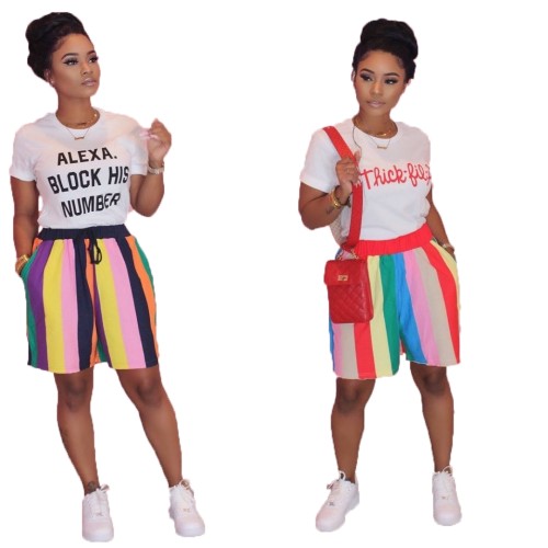 Print White T Shirt & Colorful Striped Shorts