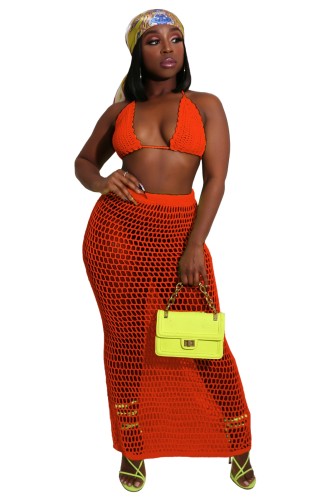 Hollow Out Orange Crochet Bra & Long Skirt