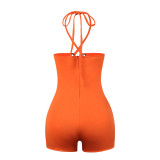 Orange Eyelet Lace Up Strapless Rompers