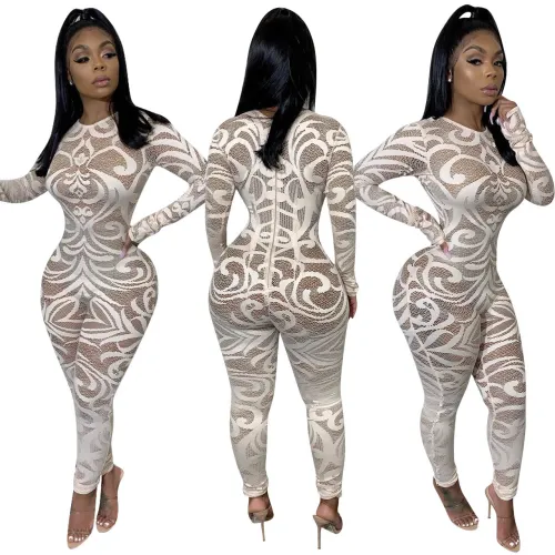 White Floral Sexy Long Sleeve Bodycon Jumpsuit