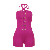 Hot Pink Eyelet Lace Up Strapless Rompers