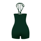 Green Eyelet Lace Up Strapless Rompers