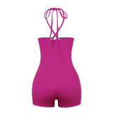 Hot Pink Eyelet Lace Up Strapless Rompers