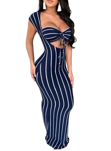 Striped Navy Cutout Cap Sleeve Long Dress