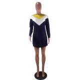 Navy Long Sleeve T Shirt Dress with Contrast Splice