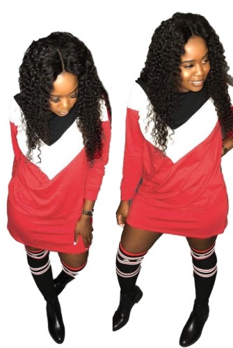 Red Long Sleeve T Shirt Dress with Contrast Splice