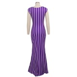 Striped Purple Cutout Cap Sleeve Long Dress