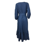 Blue Denim Lantern Sleeve Ruffle Wrap Dress