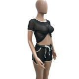 Black Fishnet Top & Shorts with Contrast Binding