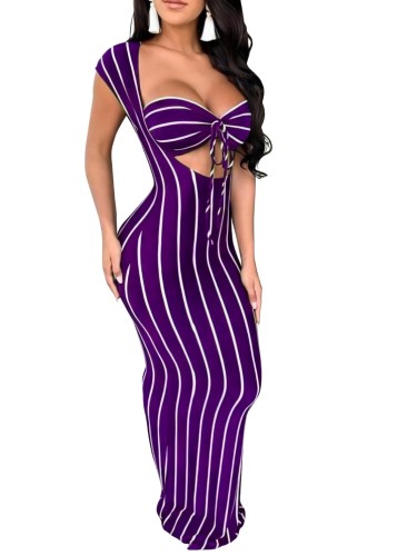 Striped Purple Cutout Cap Sleeve Long Dress