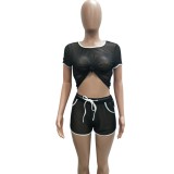 Black Fishnet Top & Shorts with Contrast Binding
