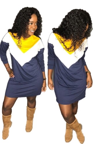 Navy Long Sleeve T Shirt Dress with Contrast Splice