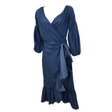 Blue Denim Lantern Sleeve Ruffle Wrap Dress
